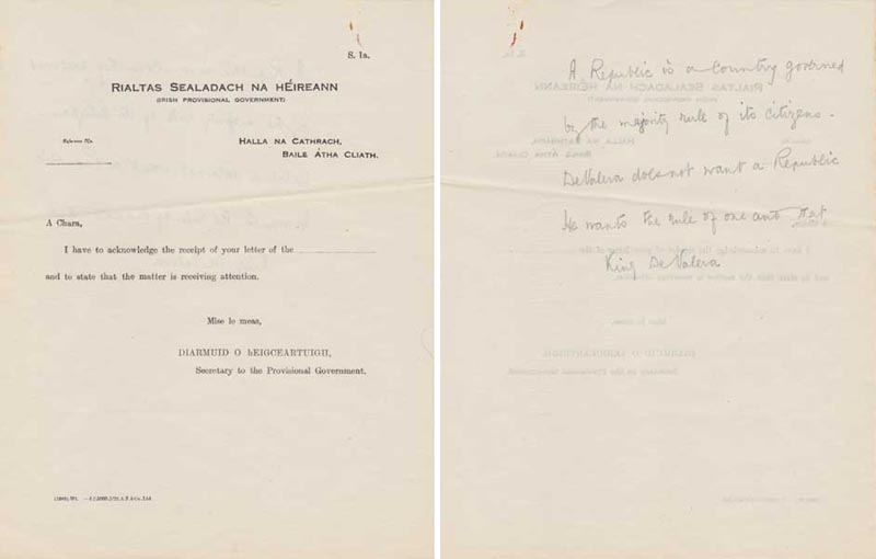 1922. Notes by Hugh Kennedy on Provisional Government paper concerning de Valera at Whyte's Auctions