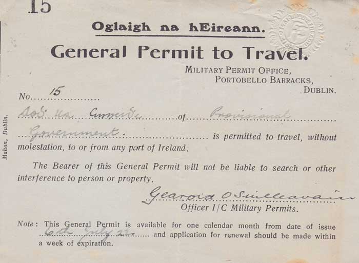 1922-23. Permits to travel and provision of armed bodyguards for Government Ministers during the Civil War at Whyte's Auctions