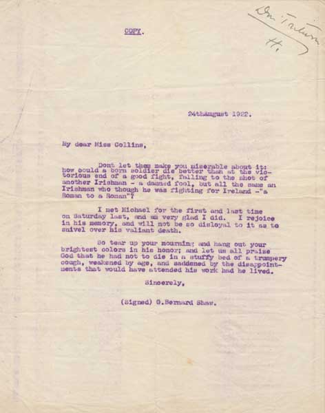 1922 (24 August) Copy of a letter from George Bernard Shaw to Michael Collins' sister on his death at Whyte's Auctions