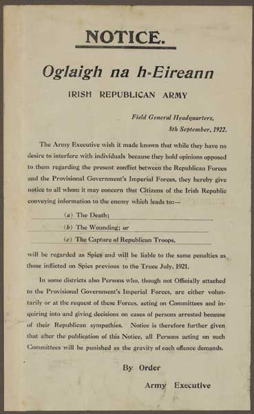 1922 (8 September). Oglaigh na hireann Irish Republican Army notice threatening death to informers at Whyte's Auctions