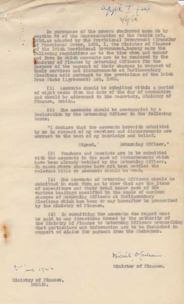 1922 92 June). Michael Collins, Minister of Finance, signed regulations. Provisional Government of Ireland at Whyte's Auctions