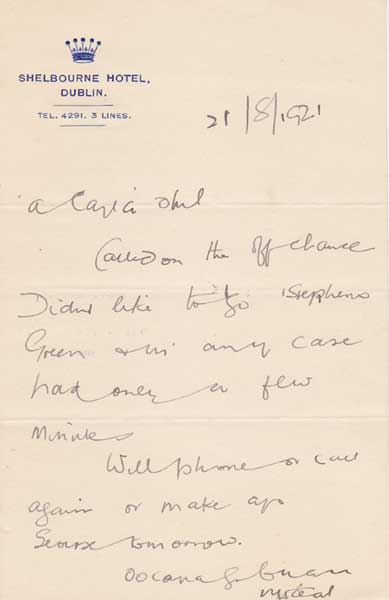 1921(21 August). Michael Collins letter to Margaret Gavan Duffy at Whyte's Auctions