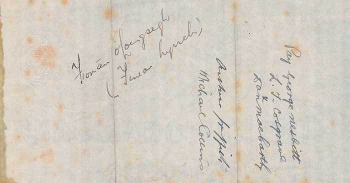 1922 (20 January). Signatures of Arthur Griffiths, Michael Collins and Finian Lynch on reverse of a cheque at Whyte's Auctions