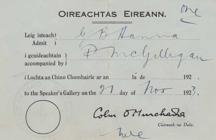 1923 (21 November) Oireachtas ireann admittance ticket, also 1916 Sen Lemass TD signature an Taoiseach's compliment slip at Whyte's Auctions