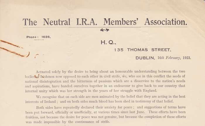 1922-23. Post Independence - new organisations including National Democratic Party and Land League, The Neutral I.R.A. Members Association, The Cork Progressive Association, etc at Whyte's Auctions