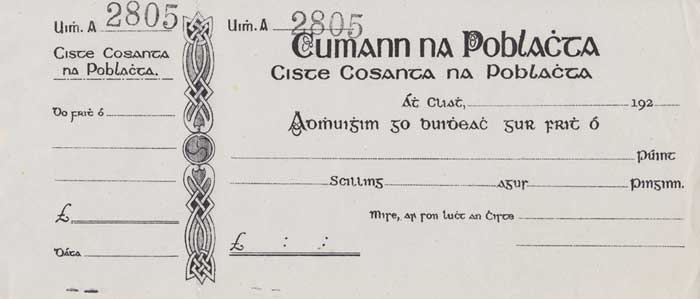1922 (15 March) Cumann na Poblacta. Eamon de Valera's Anti Treaty Party and forerunner of Fianna Fail. Receipt. at Whyte's Auctions