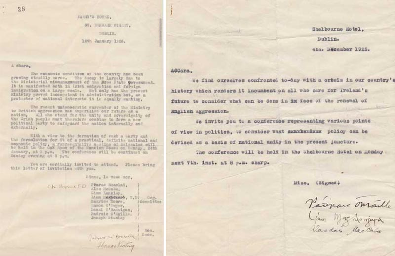 1925 (4 December). Invitation to a conference and 1926 (12 January) Proposal to form a new political party due to "Ministerial mismanagement of the Free State Government" at Whyte's Auctions