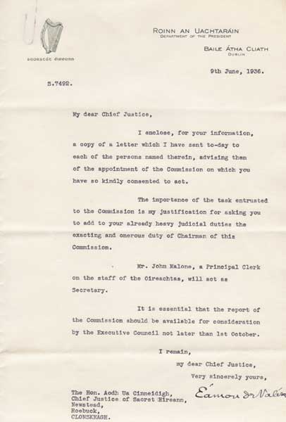 1936 (9 June). President Eamon de Valera letter to Chief Justice Hugh Kennedy on Commission to reform the Senate at Whyte's Auctions