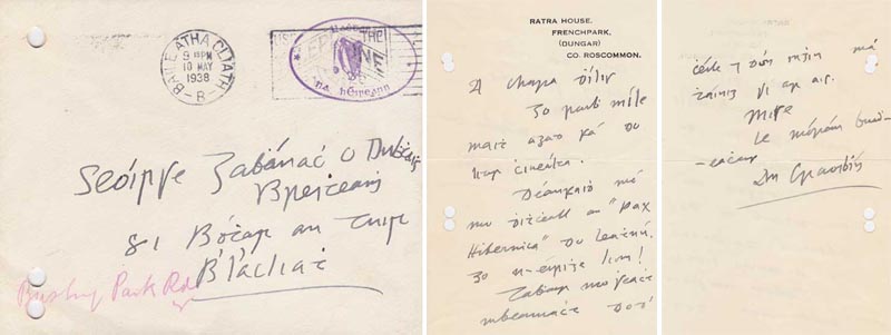 1938 (10 May) Douglas Hyde letter to George Gavan Duffy in Irish with Presidential envelope. at Whyte's Auctions