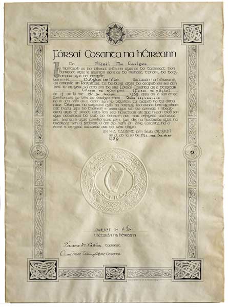 1939 (17 October) 1939 Irish Army Officer's Commission, signed by Douglas Hyde, President and Eamon de Valera and Oscar Traynor, Minister for Defence. at Whyte's Auctions