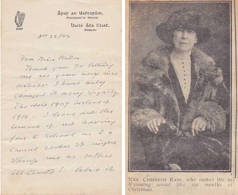 1943 (22 November) Mrs Annette Cambreth Kane from Aras an Uachtarin to a journalist at Whyte's Auctions