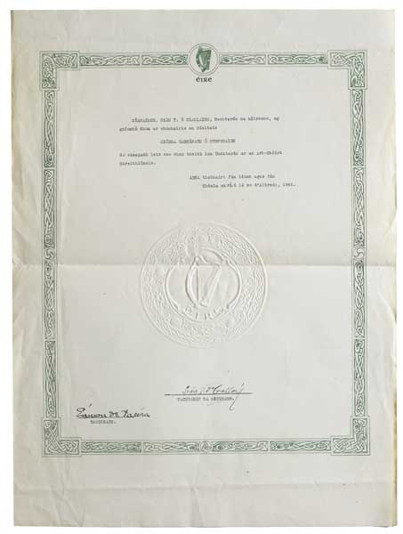1946 Certificate of Appointment of George Gavan Duffy to Presidency of the High Court, signed by President of Ireland Sen T O'Kelly and Taoiseach Eamon de Valera at Whyte's Auctions