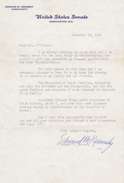 1964 Senator Edward Kennedy letter to Mrs Fergus O'Connor at Whyte's Auctions
