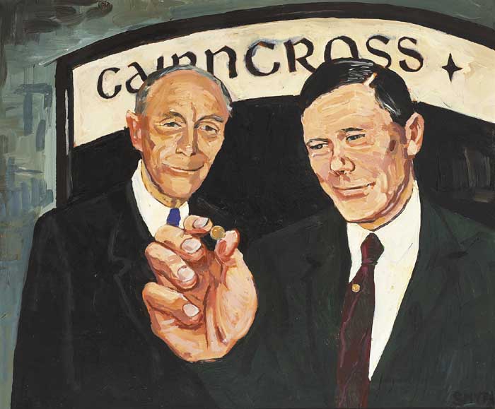 SIR ALEC DOUGLAS-HOME, PRIME MINISTER, & WILLIAM ABERNATHY, PEARL FISHER, ADMIRING THE ABERNATHY... by Alistair Smyth (Scottish, 20th/21st century) at Whyte's Auctions