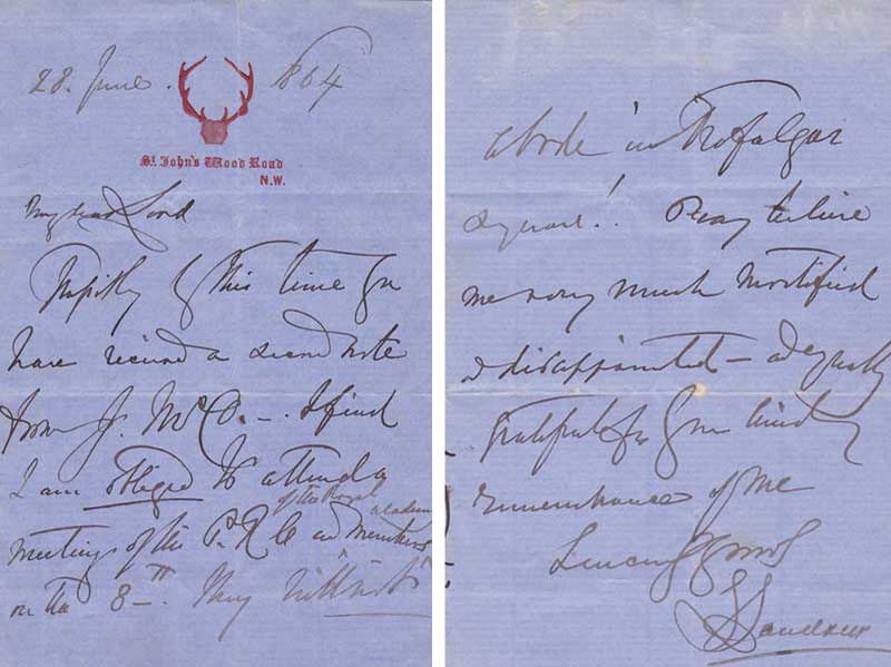 1864 (28 June). Edwin Landseer handwritten letter at Whyte's Auctions