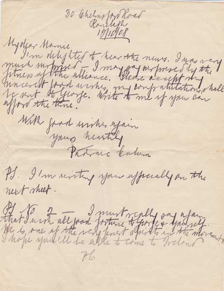 1908 (12 0ctober) Pdraic Colum letter to Marie Sullivan at Whyte's Auctions