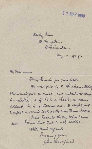 1909 (May 17). John Masefield letter to his agent at Whyte's Auctions