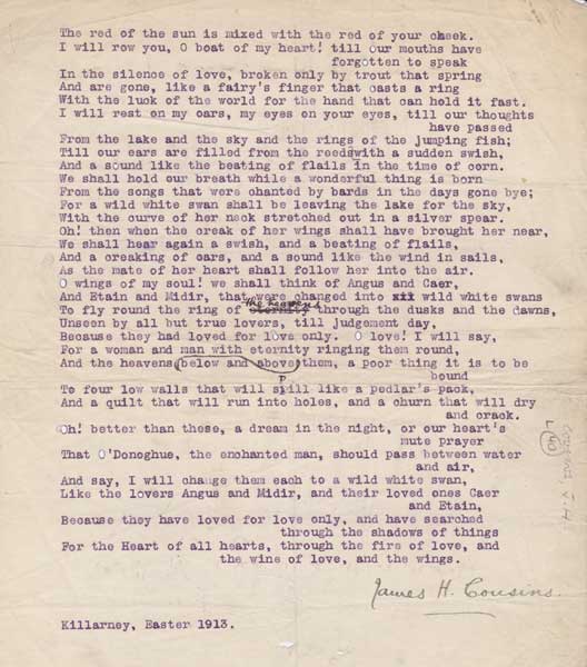1913. James Cousins poem-original, signed by the author. Untitled at Whyte's Auctions