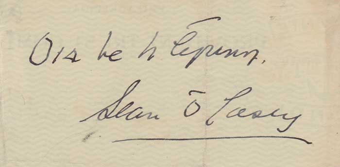 1924. Sen O'Casey signature on reverse of an American cheque at Whyte's Auctions