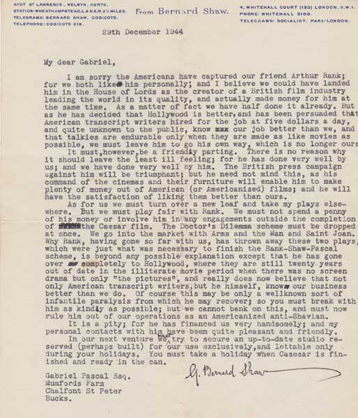 1944 (29 December). George Bernard Shaw letter to Gabriel Pascal concerning Arthur Rank at Whyte's Auctions