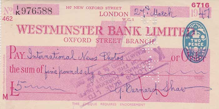1947 (27 March). George Bernard Shaw signature on a cheque at Whyte's Auctions