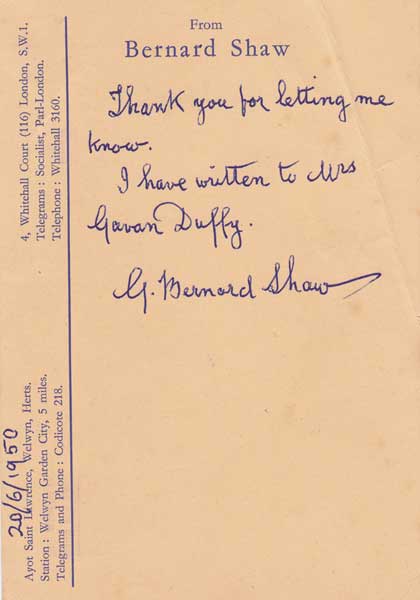 1950(20 June). George Bernard Shaw hand written card, concerning Mrs Gavan Duffy at Whyte's Auctions