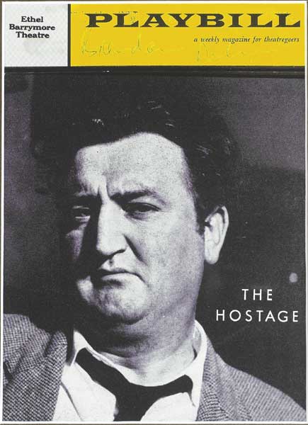Brendan Behan signature on cover of Playbill showing his portrait and advertising The Hostage at Whyte's Auctions