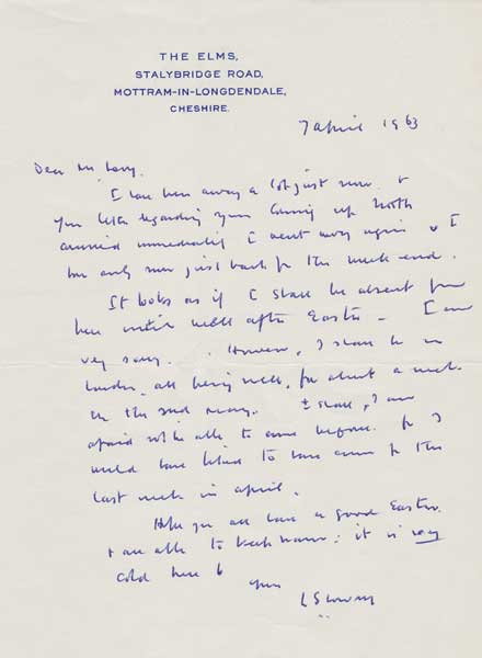 1963 (7 April). L.S. Lowry handwritten letter to Mervyn Levy at Whyte's Auctions