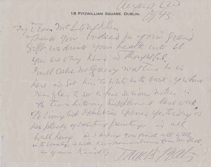 THOMAS MACGREEVY, 'JACK B. YEATS: AN APPRECIATION AND AN INTERPRETATION' with HANDWRITTEN LETTER FR by Jack Butler Yeats RHA (1871-1957) at Whyte's Auctions