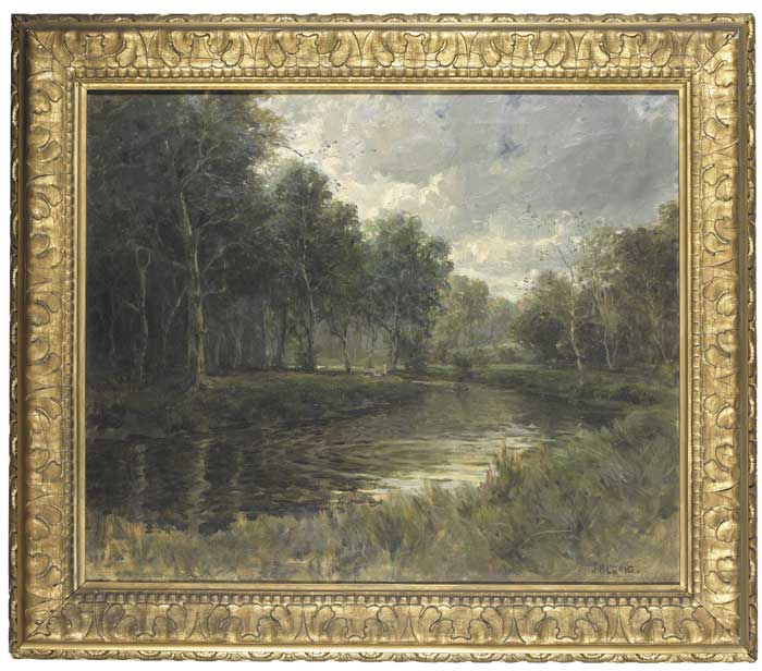 A WOODED RIVER WITH A GROUP OF FIGURES ON THE FAR BANK, circa 1916-20 by James Humbert Craig RHA RUA (1877-1944) at Whyte's Auctions
