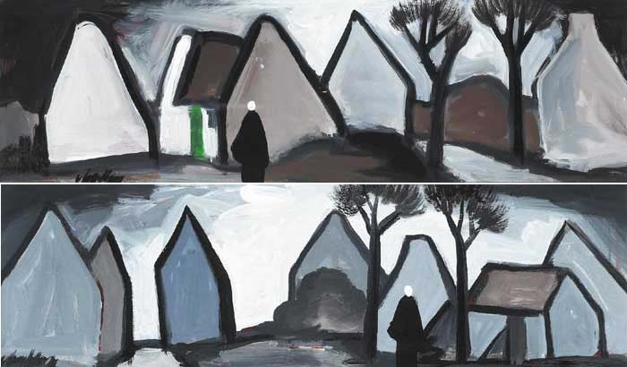 VILLAGE SCENE WITH SHAWLIE (A PAIR) by Markey Robinson (1918-1999) at Whyte's Auctions