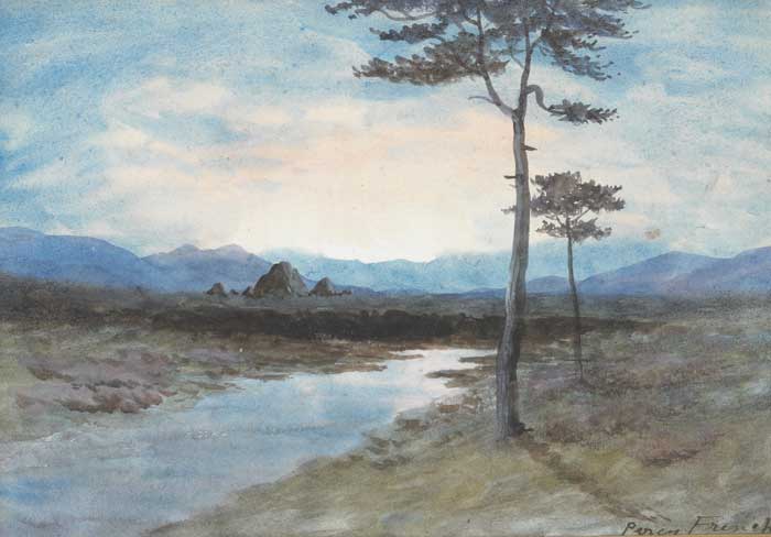 BOG RIVER WITH VIEW OF THE TWELVE PINS, COUNTY GALWAY by William Percy French (1854-1920) at Whyte's Auctions