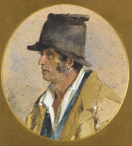 MAN IN A STOVE PIPE HAT (OVAL) by Erskine Nicol ARA RSA (1825-1904) at Whyte's Auctions