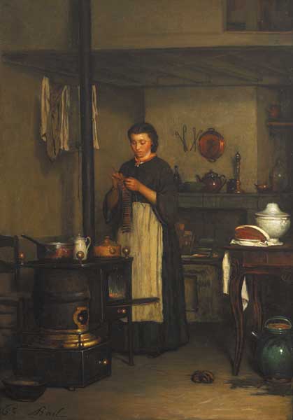 KITCHEN INTERIOR WITH YOUNG WOMAN KNITTING, 1865 by Antoine-Jean Bail (French, 1830-1918) (French, 1830-1918) at Whyte's Auctions
