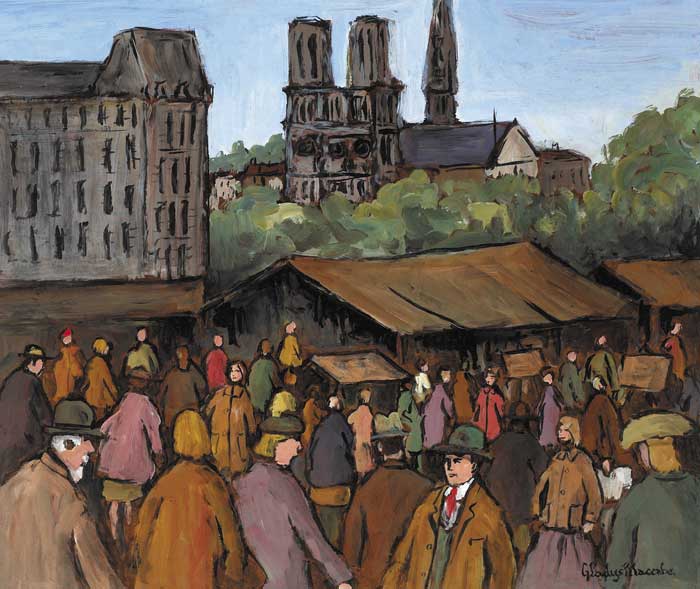 STALLS AT THE SEINE WITH VIEW OF NOTRE DAME, c.1964 by Gladys Maccabe MBE HRUA ROI FRSA (1918-2018) MBE HRUA ROI FRSA (1918-2018) at Whyte's Auctions