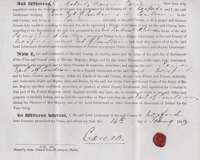 1859 Appointment of The Earl of Courtown as Deputy Lieutenant of County Wexford at Whyte's Auctions