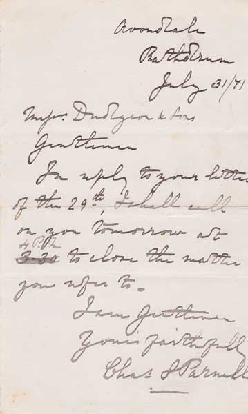 1871 (31 July) Charles Stewart Parnell (1845-1891) letter at Whyte's Auctions