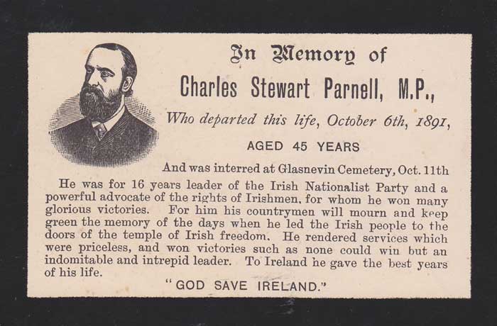 1891. Charles Stewart Parnell MP, In Memoriam Card" at Whyte's Auctions