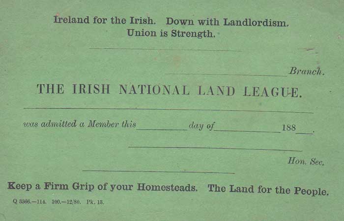 1880 (December) The Irish National Land League Membership Card at Whyte's Auctions