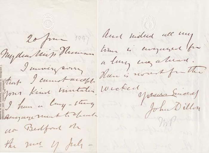 1897. John Dillon MP (1851-1927) Letter to Miss Hewson from The House of Commons at Whyte's Auctions