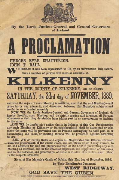 1889 (November) Proclamation Prohibiting A Public Meeting in Kilkenny on or about 23 November at Whyte's Auctions