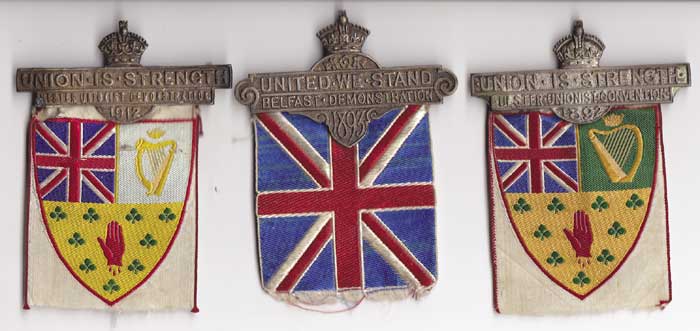 1892-1912. Collection of three scarce metal and cloth shield badges, for Ulster Unionist Convention 1892, Demonstrations 1893 and 191." at Whyte's Auctions