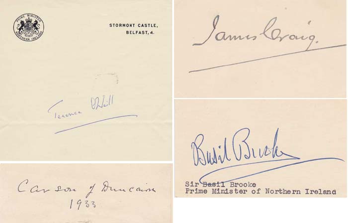 1913-1969. Collection of Northern Ireland Autographs with Lord Edward Carson, Sir James Craig, Sir Basil Brooke, Captain Terence ONeill" at Whyte's Auctions