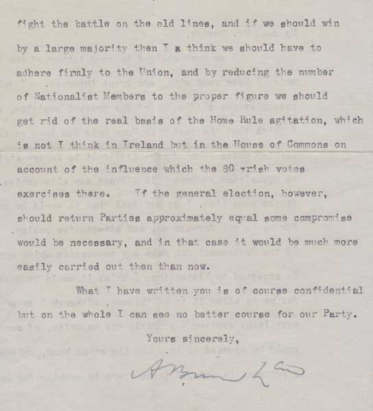 1914 (10 March) Andrew Bonar Law letter concerning Home Rule at Whyte's Auctions