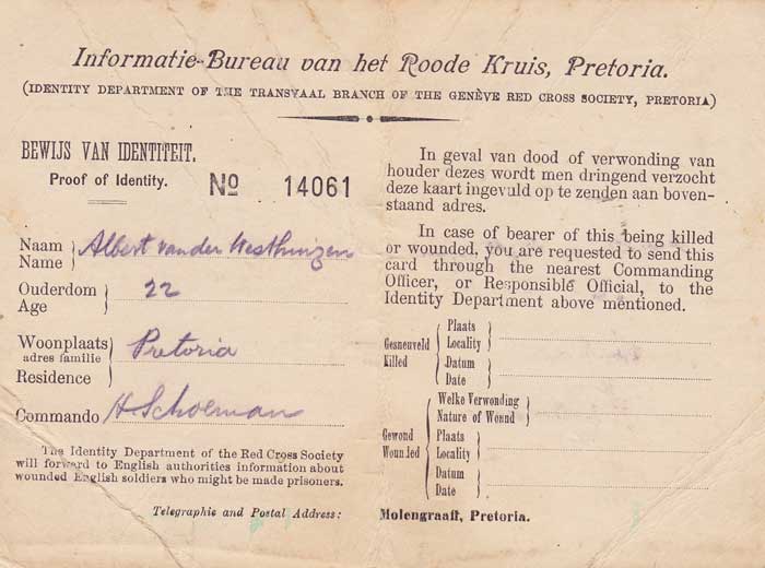 1900. Boer War. Red Cross Identity Card for a member of General Schoemans Commando Corps. at Whyte's Auctions