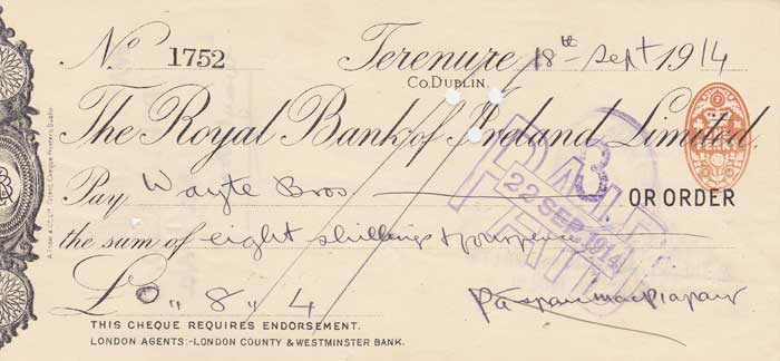 1914 (18 September) Piraic MacPiarais (Pdraic Pearse) signed on a cheque at Whyte's Auctions