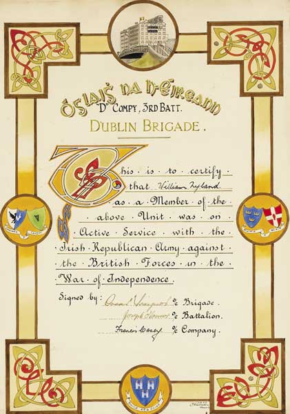 1916 IRA Dublin Brigade Handpainted Certificate to a Member of Bolands Mills Garrison at Whyte's Auctions