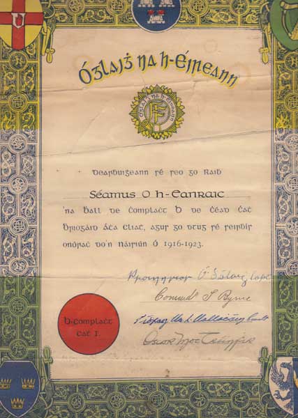 1916-23 IRA Dublin Brigade, 1st Battalion, B Company Certificate of Service, signed Oscar Traynor and Others" at Whyte's Auctions