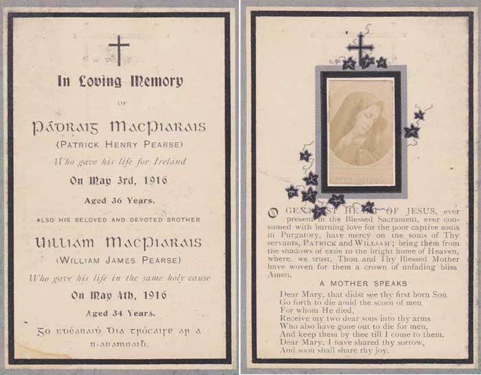 1916 (4 May) Pdraic and William Pearse, In Memoriam Cards" at Whyte's Auctions