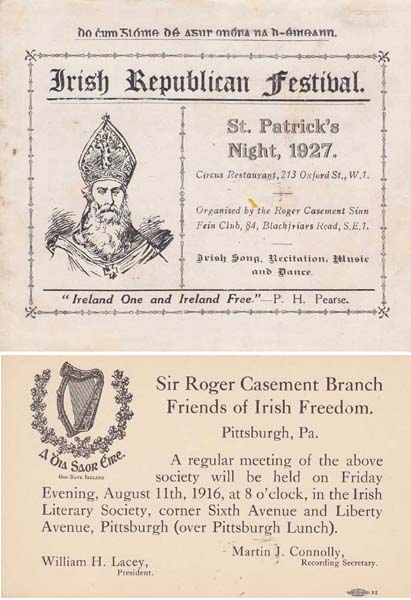1916 (11 August) US stamped postcard for Sir Roger Casement Branch, Irish Friends of Irish Freedom, Pittsburgh and 1927 Roger Casement Sinn Fin Club, London, Festival Programme" at Whyte's Auctions